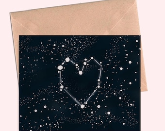 Tarjeta de San Valentín escrita en las estrellas, tarjeta de amor, tarjeta de aniversario gay, tarjeta de astrología o astronomía con tema espacial para pensar en ti