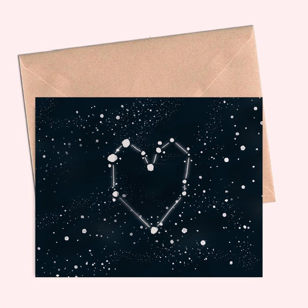 Written in the stars valentine card, love card, gay anniversary card, astrology or astronomy card with space theme for thinking of you