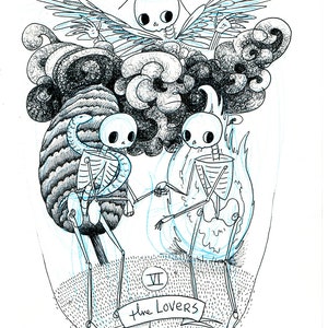 May include: Black and white illustration of a tarot card titled "The Lovers." Two skeletal figures hold hands, surrounded by swirling clouds, a snake, and flames. Above, a winged skeleton with a halo is depicted under a sun.