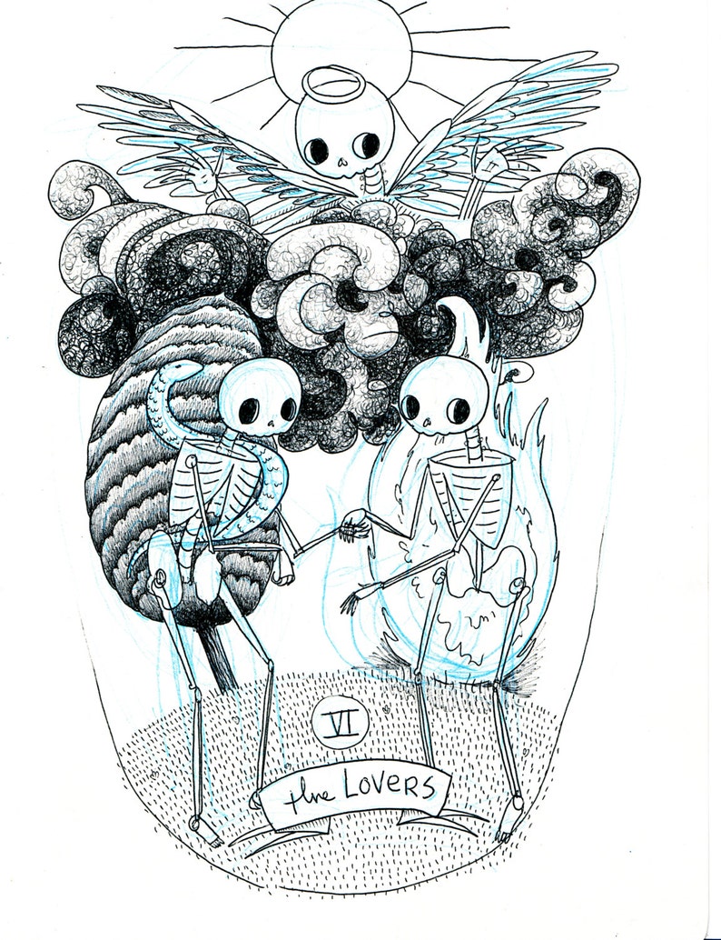 May include: Black and white illustration of a tarot card titled "The Lovers." Two skeletal figures hold hands, surrounded by swirling clouds, a snake, and flames. Above, a winged skeleton with a halo is depicted under a sun.