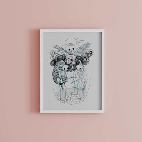 Skeleton Tarot Lovers Print, Black and White Skeleton Love Wall Art (5x7, 8x10)