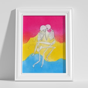 Pansexual art of two skeletons cuddling over watercolor pan flag, subtle pride, discreet pride, gay love