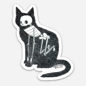 Cat skeleton sticker, water bottle sticker, laptop sticker, waterproof vinyl sticker of a black cat with a human skeleton inside