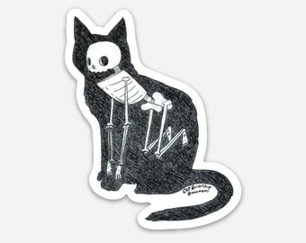 Cat skeleton sticker, water bottle sticker, laptop sticker, waterproof vinyl sticker of a black cat with a human skeleton inside