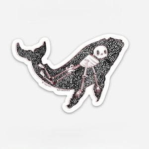 Whale skeleton sticker, water bottle sticker, laptop sticker, waterproof vinyl sticker of a black whale with a human skeleton inside