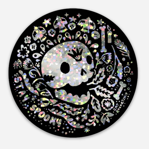 Stay Spooky 3" vinyl glitter sticker - folk art skull surrounded by flowers and birds in black ink - goth halloween sticker - creepy cute