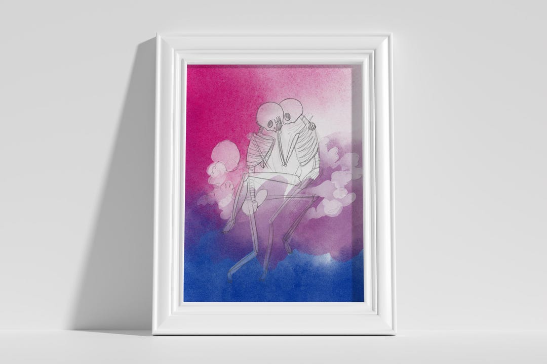 Bisexual Art of Two Skeletons Cuddling Over the Colors of the Bi Flag ...