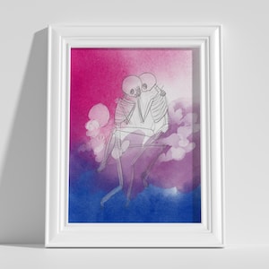 Bisexual art of two skeletons cuddling over the colors of the bi flag, subtle pride, discreet pride, gay love, bisexual print, wlw art,