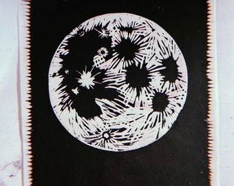 Full moon 8x10 linocut print, nature linocut, black and white art featuring space or the sky