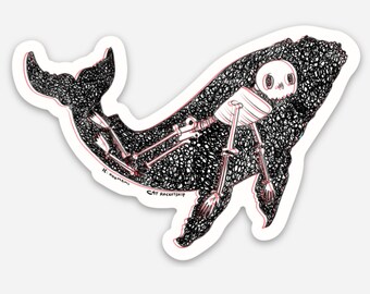 Whale skeleton sticker, water bottle sticker, laptop sticker, waterproof vinyl sticker of a black whale with a human skeleton inside