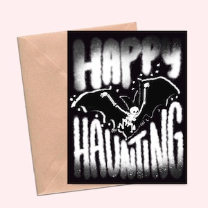 Happy halloween greeting card for kids. Spooky hand drawn bat with creepy theme.