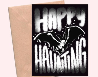 Printable halloween card: Happy halloween greeting card for kids. Instant download card with a spooky hand drawn bat with creepy theme