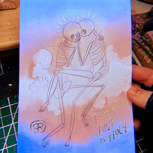 Trans pride skeletons watercolor print, 8x10 and 5x7 print, skeleton art with hand-embellished details &quot;trans love is holy&quot;