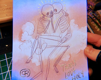 Trans pride skeletons watercolor print, 8x10 and 5x7 print, skeleton art with hand-embellished details "trans love is holy"