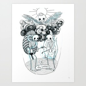 May include: Black and white illustration of a tarot card titled "The Lovers." Two skeleton figures hold hands, with a snake coiled around one. Above them are a sun, angel, and swirling clouds. The card is framed by a dotted oval.