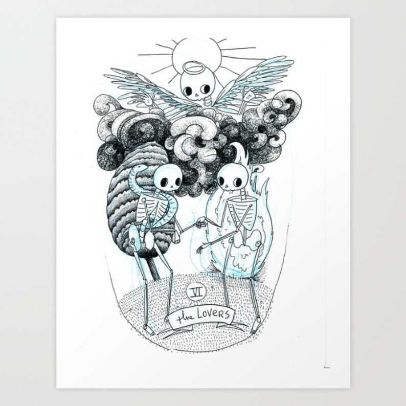 May include: Black and white illustration of a tarot card titled "The Lovers." Two skeleton figures hold hands, with a snake coiled around one. Above them are a sun, angel, and swirling clouds. The card is framed by a dotted oval.
