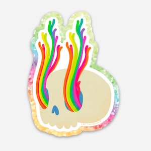 Rainbow skull glitter sticker, waterproof vinyl sticker, creepy cute sticker for water bottles, laptops, and notebooks