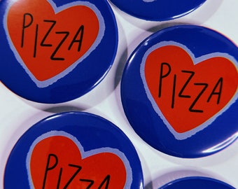 Blue pinback button with the word pizza in a red heart. Great gift for a stocking stuffer or gift exchange, gift for a teen or for a kid