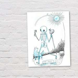 The Fool tarot art print from the Skeleton Tarot deck, black and white art