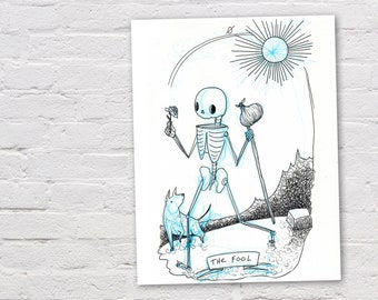 The Fool tarot art print from the Skeleton Tarot deck, black and white art