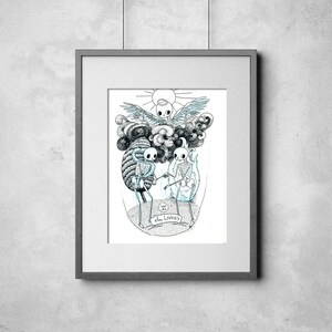 May include: Framed black and white illustration of a tarot card, "The Lovers." The artwork features skeletal figures, a sun, and cloud-like formations. The image is in a gray frame.