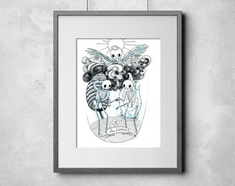 The Lovers tarot print from the Skeleton Tarot deck, black and white art, skeleton love wall art, couples gift