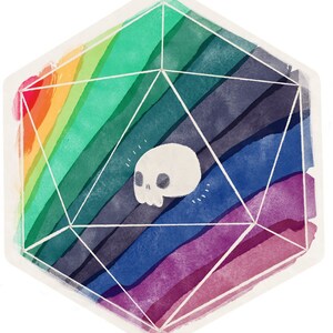 Puede incluir: Una ilustraci&oacute;n de acuarela de una forma geom&eacute;trica de color arco&iacute;ris con una calavera blanca en su interior. La forma est&aacute; delineada en blanco y tiene un fondo texturizado.