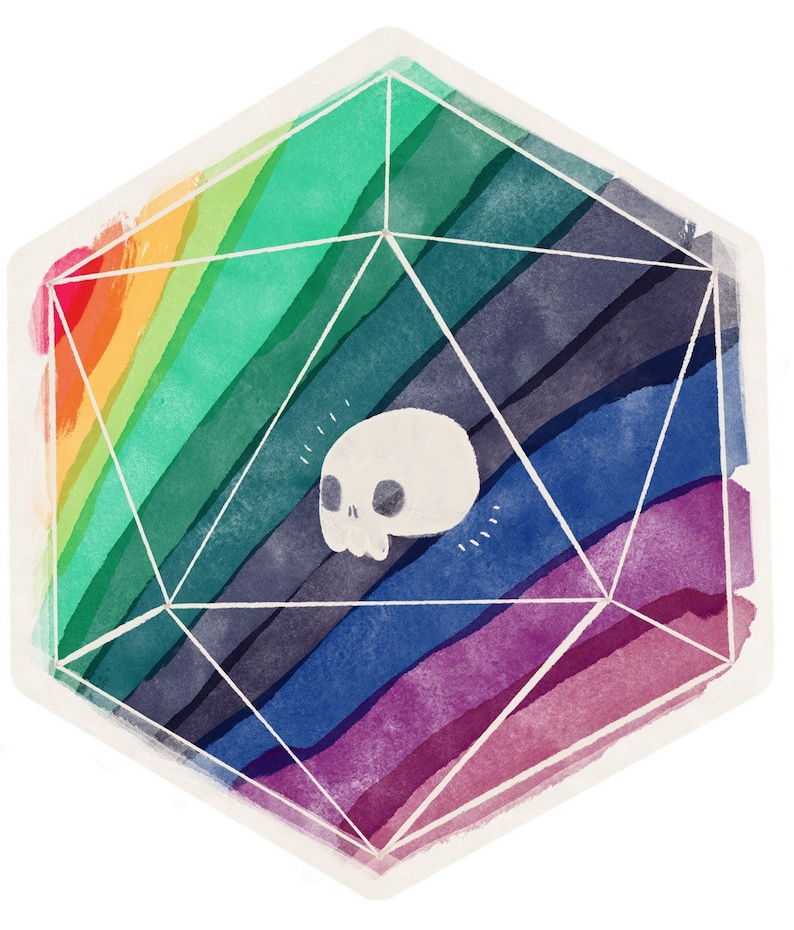 Puede incluir: Una ilustraci&oacute;n de acuarela de una forma geom&eacute;trica de color arco&iacute;ris con una calavera blanca en su interior. La forma est&aacute; delineada en blanco y tiene un fondo texturizado.