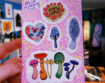 Mushroom magic sticker sheet, 5 stickers of psychedelic mushrooms, magic mushroom circles, morel mushrooms, and more