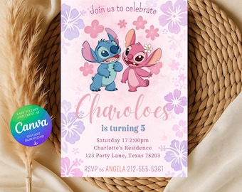 Invito di compleanno di Stitch e Angel, invito di compleanno di Stitch modificabile, invito digitale per feste, modello Canva per compleanno per bambini