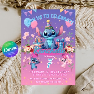 May include: A colorful birthday party invitation featuring the character Stitch. The invitation has a purple and pink gradient background with floral accents, balloons, and the text "Join Us To Celebrate." It includes the name "Ranchelle" and the age "7."