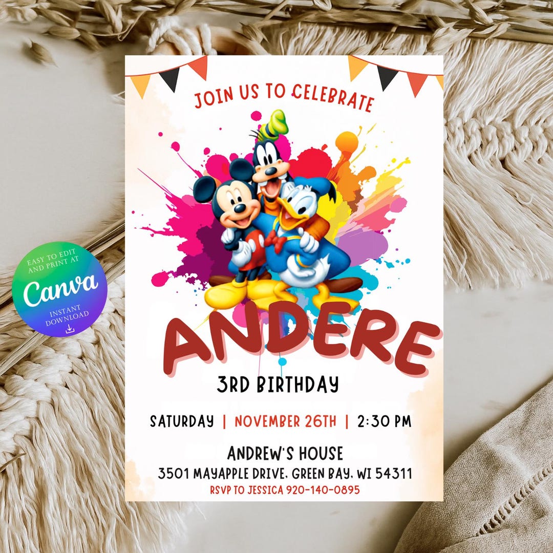 Mickey Mouse Birthday Invitation | Editable Canva Template | Digital ...