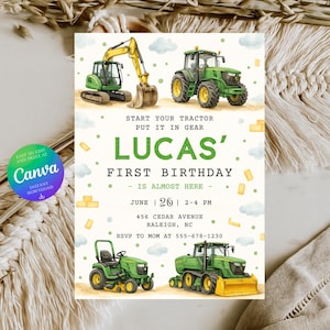 Puede incluir: Una invitación de cumpleaños con ilustraciones de tractores y vehículos de construcción. La invitación incluye el nombre "LUCAS'" y el texto "FIRST BIRTHDAY". También se incluyen la fecha y la hora.