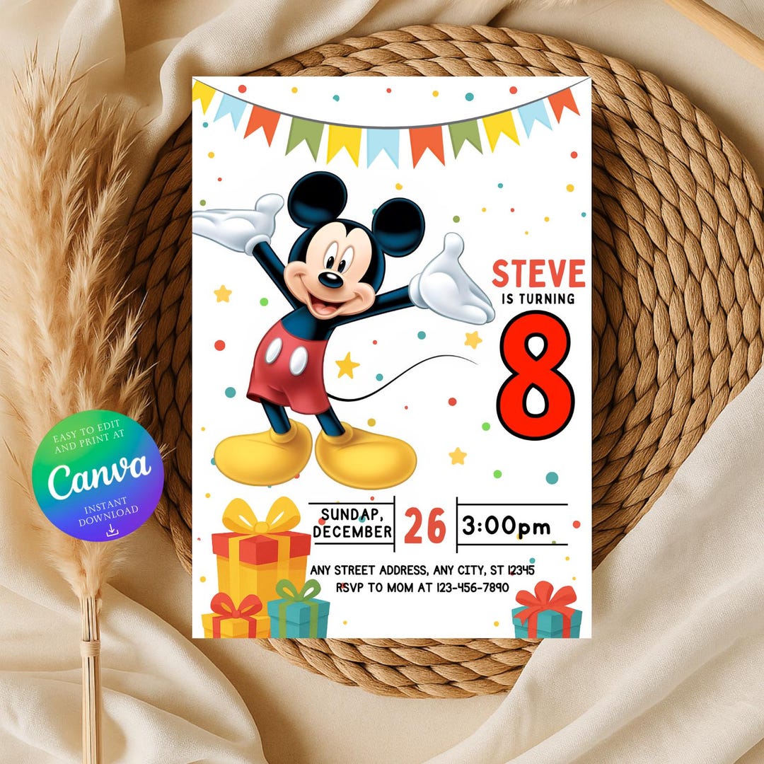 Mickey Mouse Birthday Invitation: Editable Canva Party Evite (digital ...