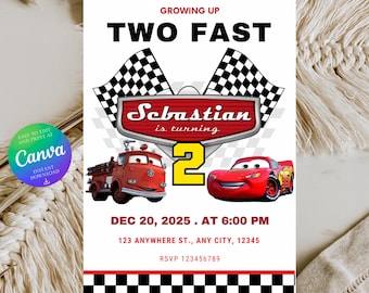 Lightning McQueen-Geburtstagseinladung: Autos 2.Geburtstag, bearbeitbare Vorlage (Digitaler Download