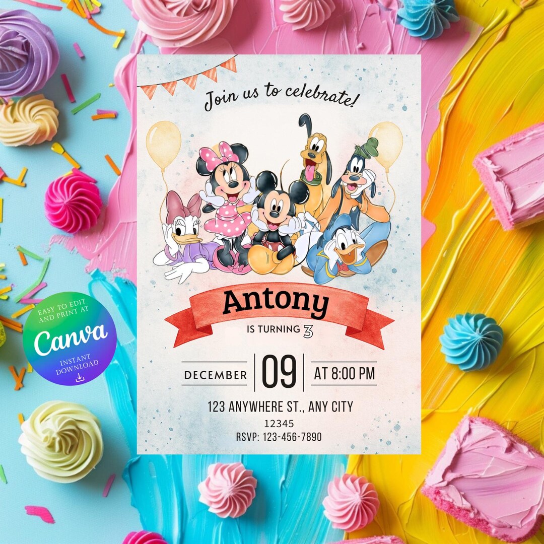 Mickey Mouse Birthday Invitation | Editable Canva Template | Kids ...