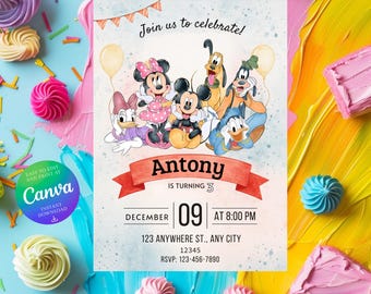 Może przedstawiać: Zaproszenie urodzinowe z postaciami z kreskówek Myszki Miki, Myszki Minnie, Kaczora Donalda, Daisy Duck, Goofy'ego i Plutona. Zaproszenie zawiera imię "Antony", wiek "3", datę, godzinę i informacje RSVP. Tło jest kolorowe z elementami dekoracyjnymi.
