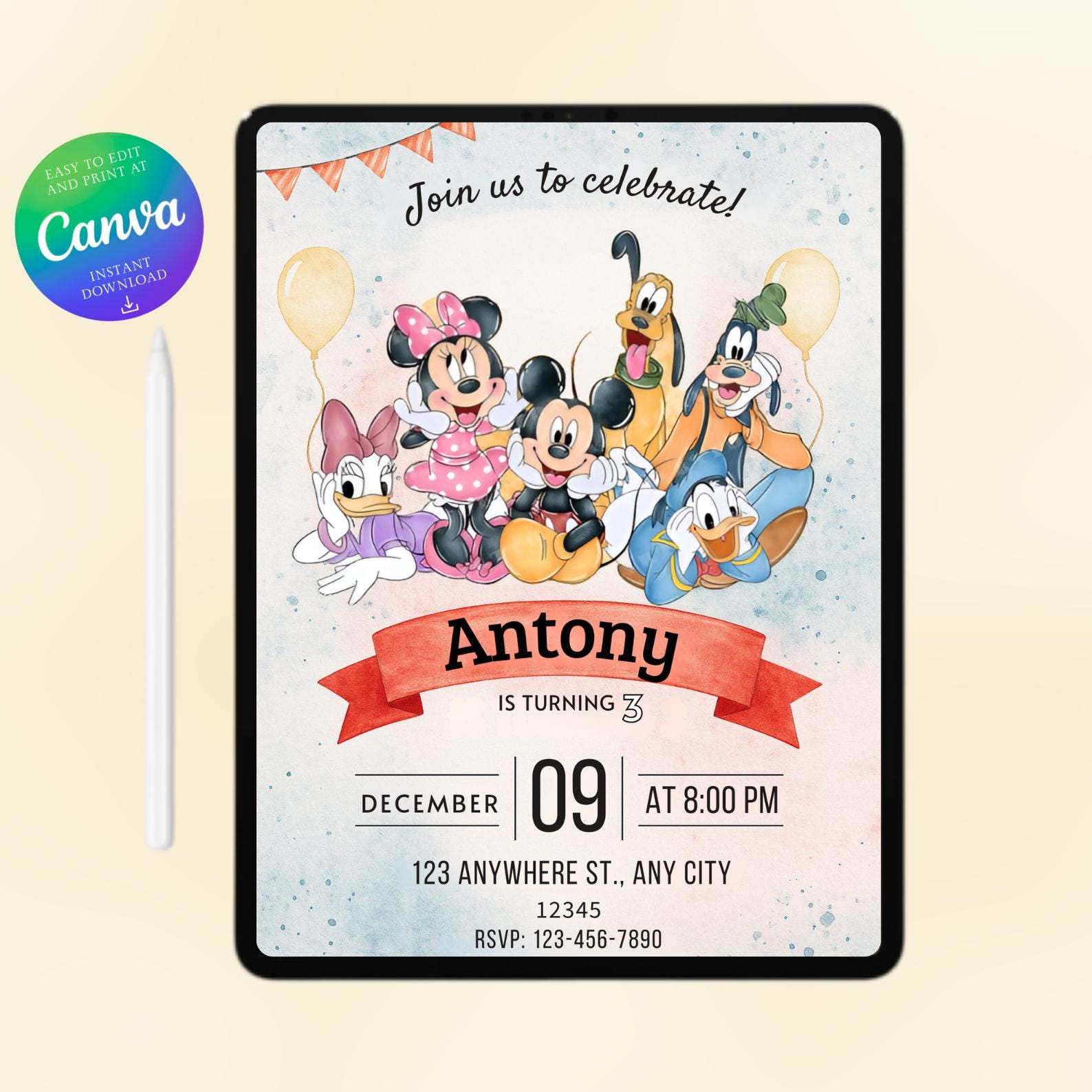 Mickey Mouse Birthday Invitation | Editable Canva Template | Kids ...