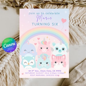 Puede incluir: Una invitación de cumpleaños en tonos pastel con un arcoíris, unicornios y otros personajes lindos. La invitación dice "Join us to celebrate Marie TURNING SIX" e incluye detalles del evento. Un logotipo de Canva está en la esquina.