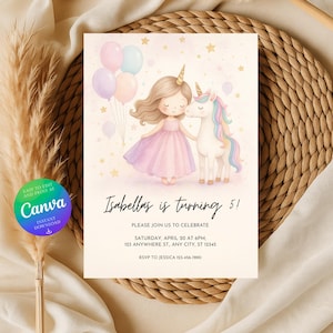 Może przedstawiać: Zaproszenie urodzinowe z akwarelową ilustracją dziewczynki w różowej sukience, jednorożca i balonów. Tekst brzmi "Isabellas is turning 5!" ze szczegółami wydarzenia i informacjami RSVP. Widoczne jest logo Canva.