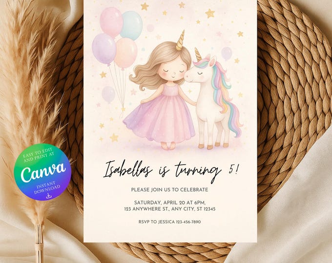 Unicorn Princess Birthday Invitation - Editable Rainbow 5x7 Invite (Canva Template, Digital Download)