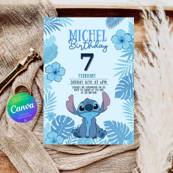Editable Stitch Birthday Invitation - Blue Tropical Party Digital Invite for Boy - Mobile Printable Template