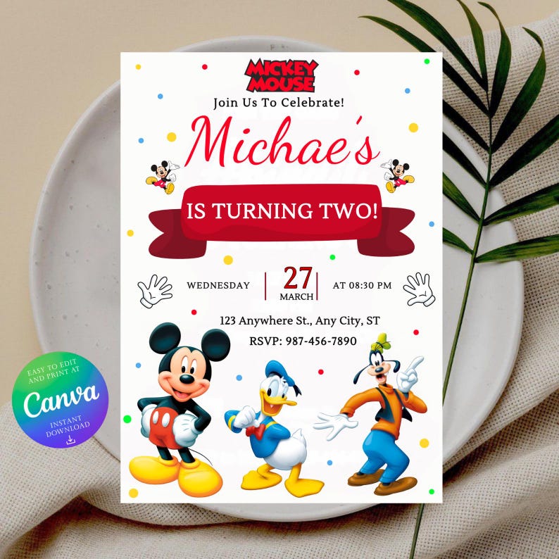 Mickey Mouse Birthday Invitation: Editable Canva Template (5x7 ...