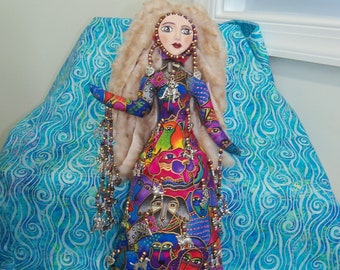 Sale...One of a kind Goddess Elvira protector of Dogs handmade beaded cloth art doll Laurel Burch fabric 12 inches