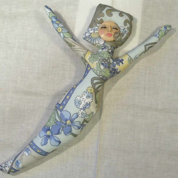 Blue Pastel Princess Goddess cloth art doll form w/face cab 12 in. You finish it Bead Decorate