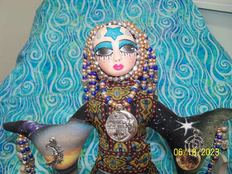 Sale OOAK Celestial Goddess Farrah Love You To The Moon and Back handmade beaded cloth art doll 11 1/2 inches image 5