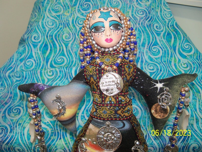 Sale OOAK Celestial Goddess Farrah Love You To The Moon and Back handmade beaded cloth art doll 11 1/2 inches image 3