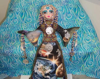 Sale OOAK Celestial Goddess Farrah Love You To The Moon and Back handmade beaded cloth art doll 11 1/2 inches