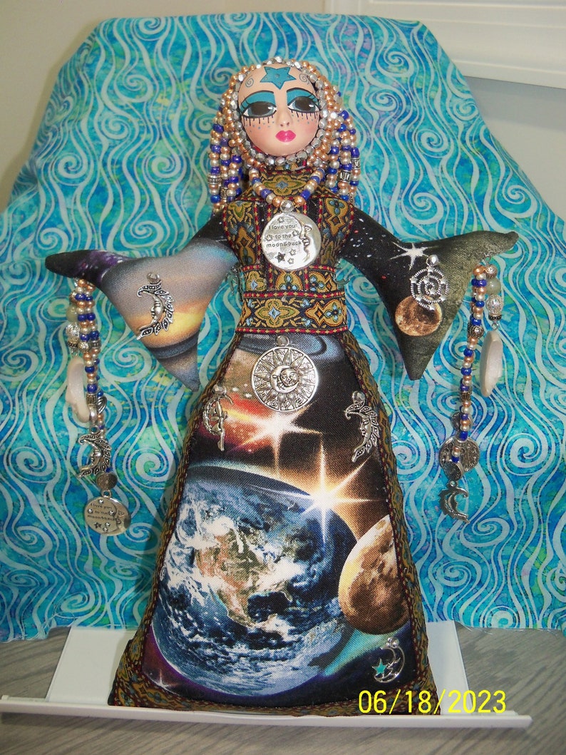Sale OOAK Celestial Goddess Farrah Love You To The Moon and Back handmade beaded cloth art doll 11 1/2 inches image 2