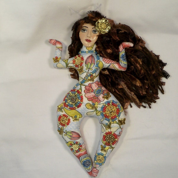 OOAK Precious Flower beaded cloth Art Doll 12 in. tall w/ Butterfly Charms